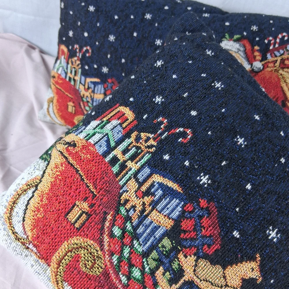 2 Tapestry Christmas Double Sided Reversible Throw Pillows Santa Ornaments Sofa